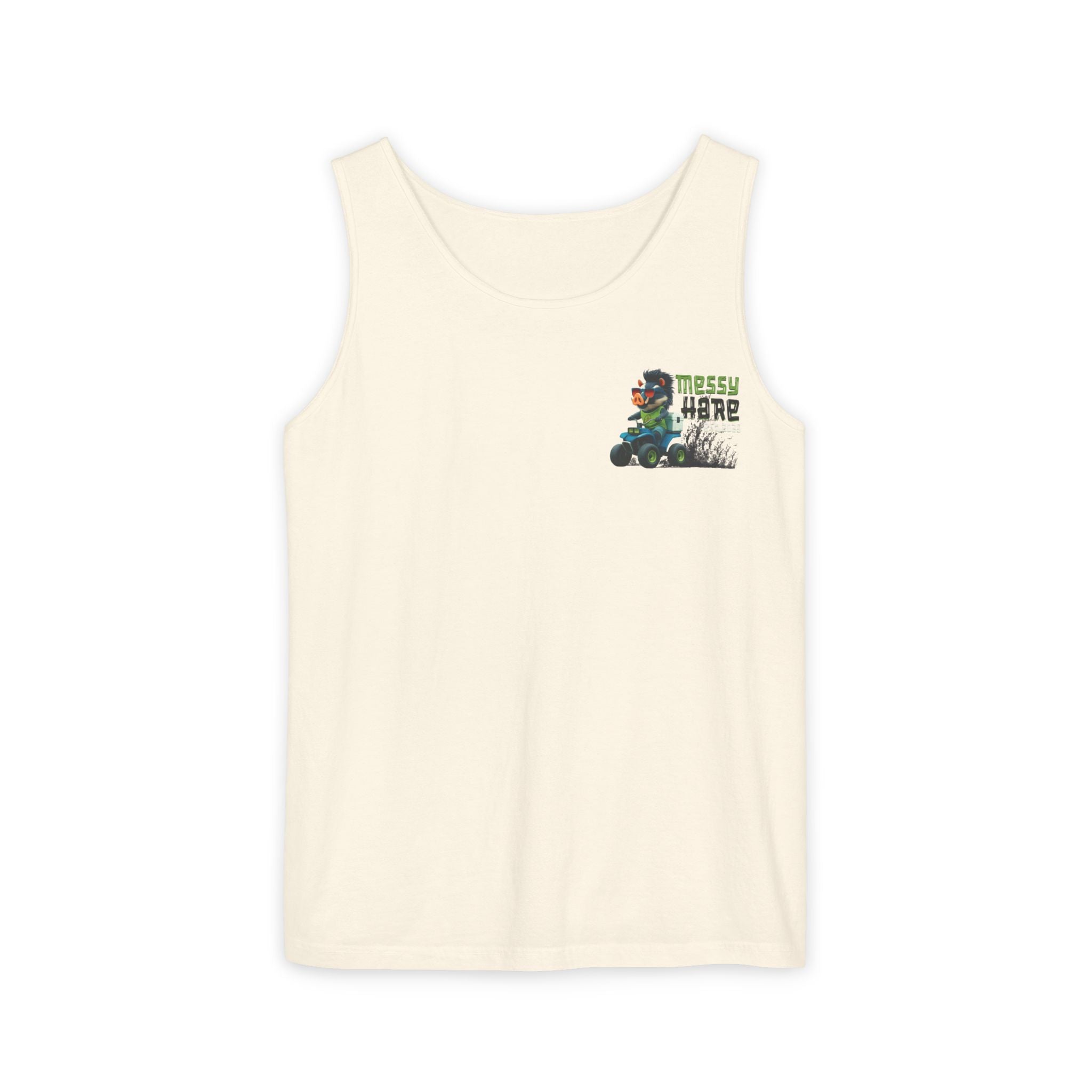 Beige tank top with graphic design on a white background