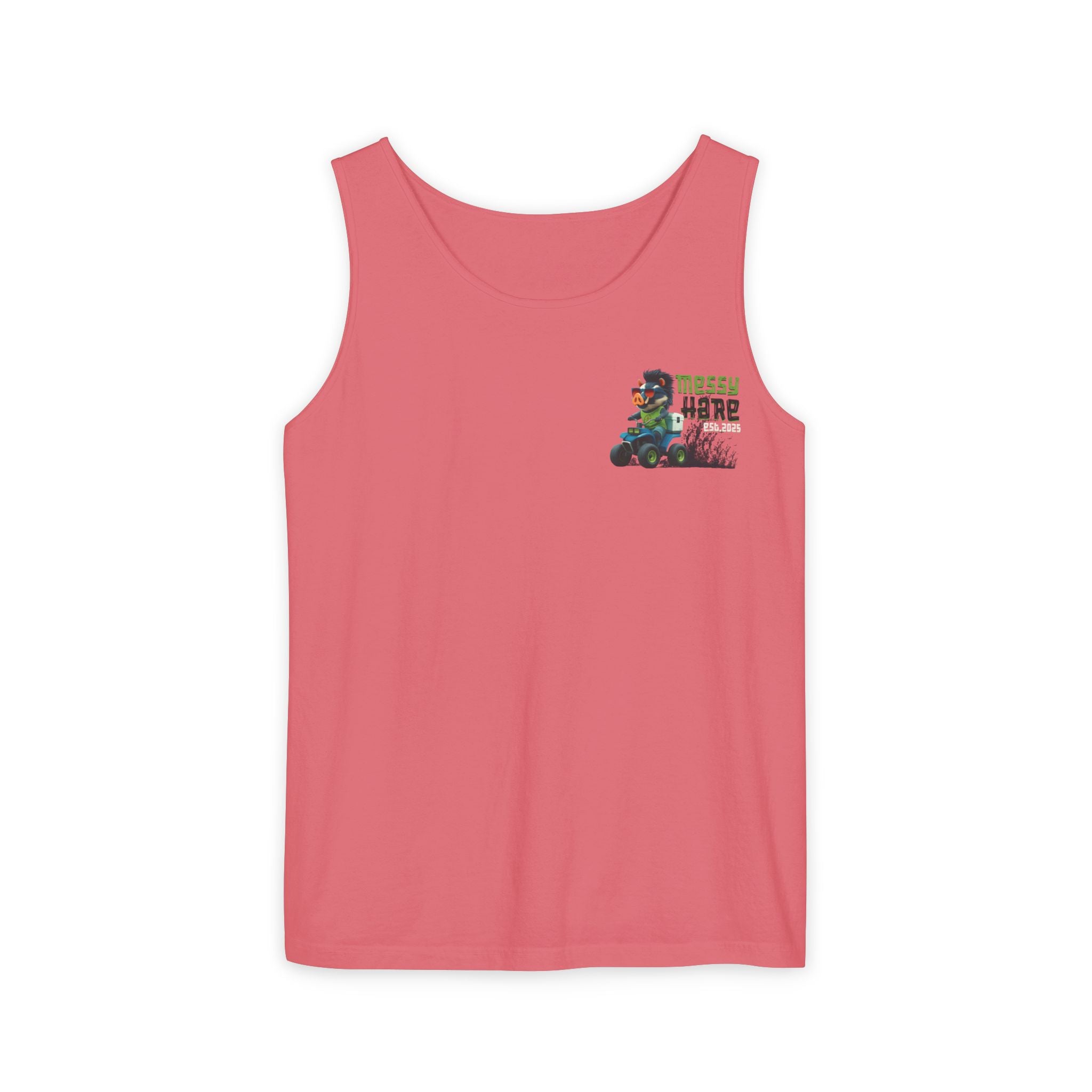 Pink tank top with a graphic design on a white background
