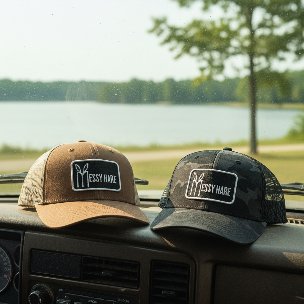 Two baseball caps with 'Messy Hare' logo on a car dashboard by a lake.