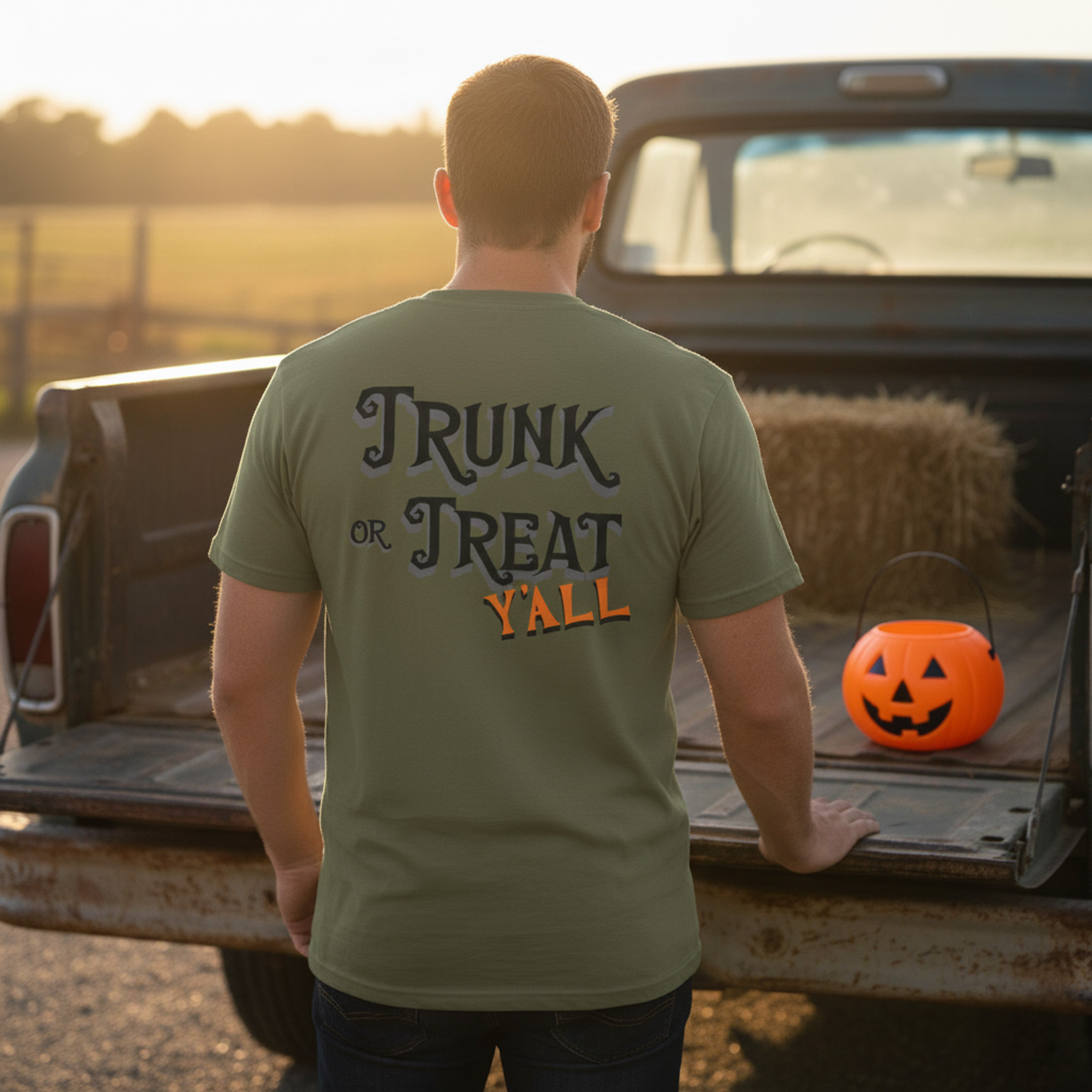 Person wearing a 'Trunk or Treat Y'all' shirt standing next to a truck with a pumpkin.