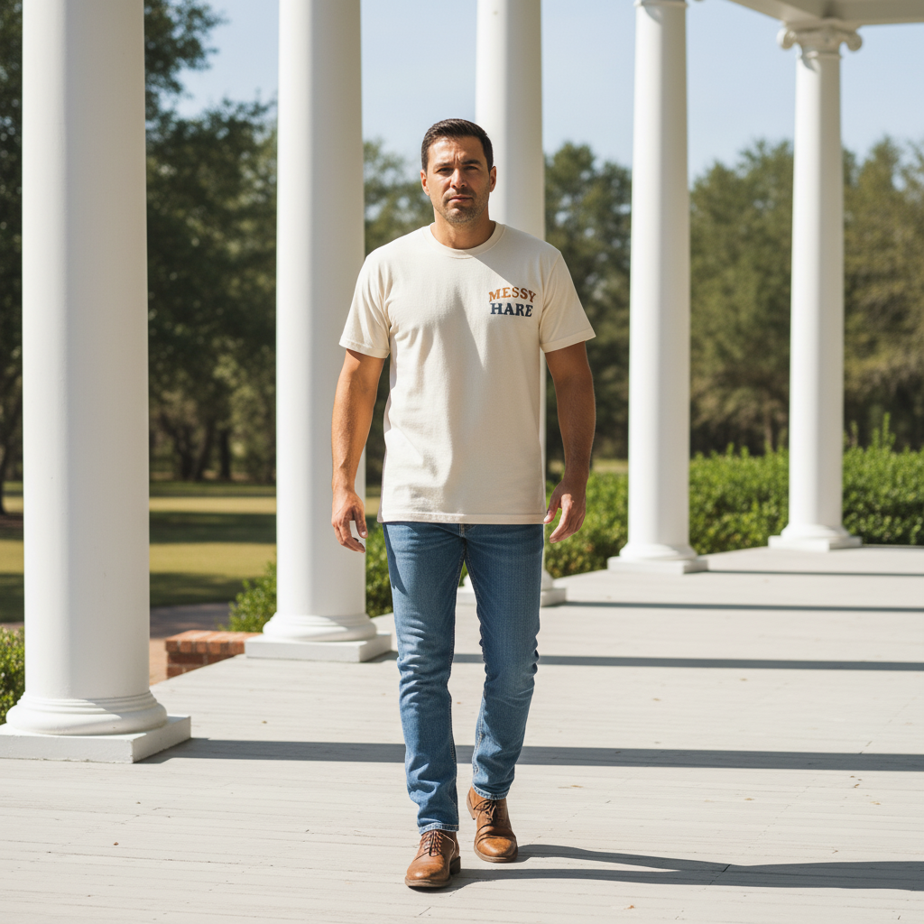 Man wearing a white t-shirt with text and blue jeans standing in front of classical columns.