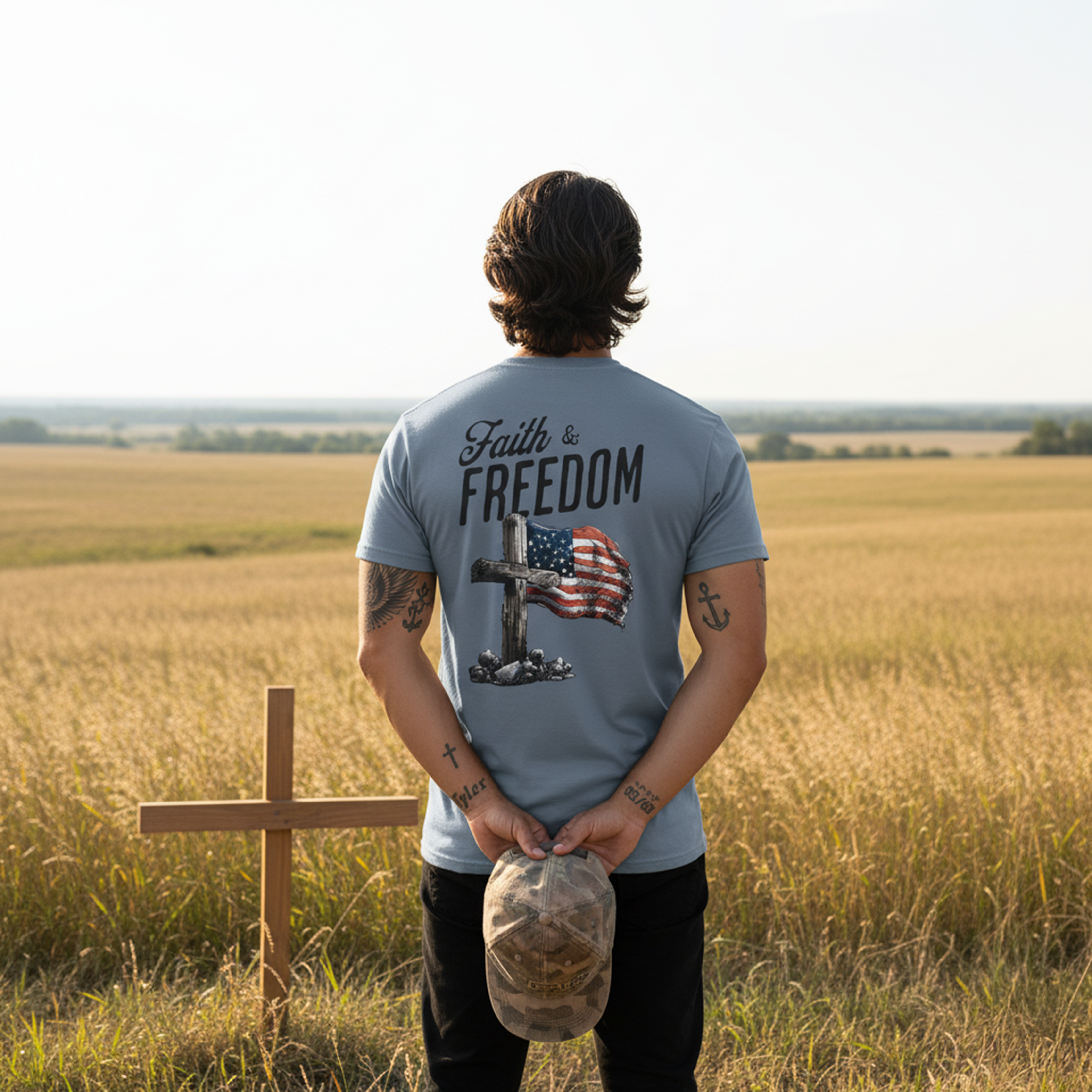 Man wearing a t-shirt with 'Faith & Freedom' design in a field