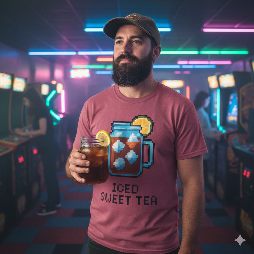 Man holding a glass of iced tea in a neon-lit arcade.