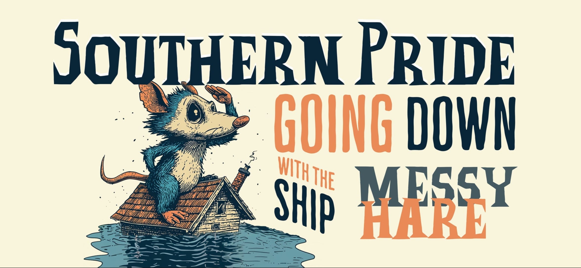 Illustration of a mouse on a small houseboat with text about 'Southern Pride' and 'The Messy Hare' on a beige background.