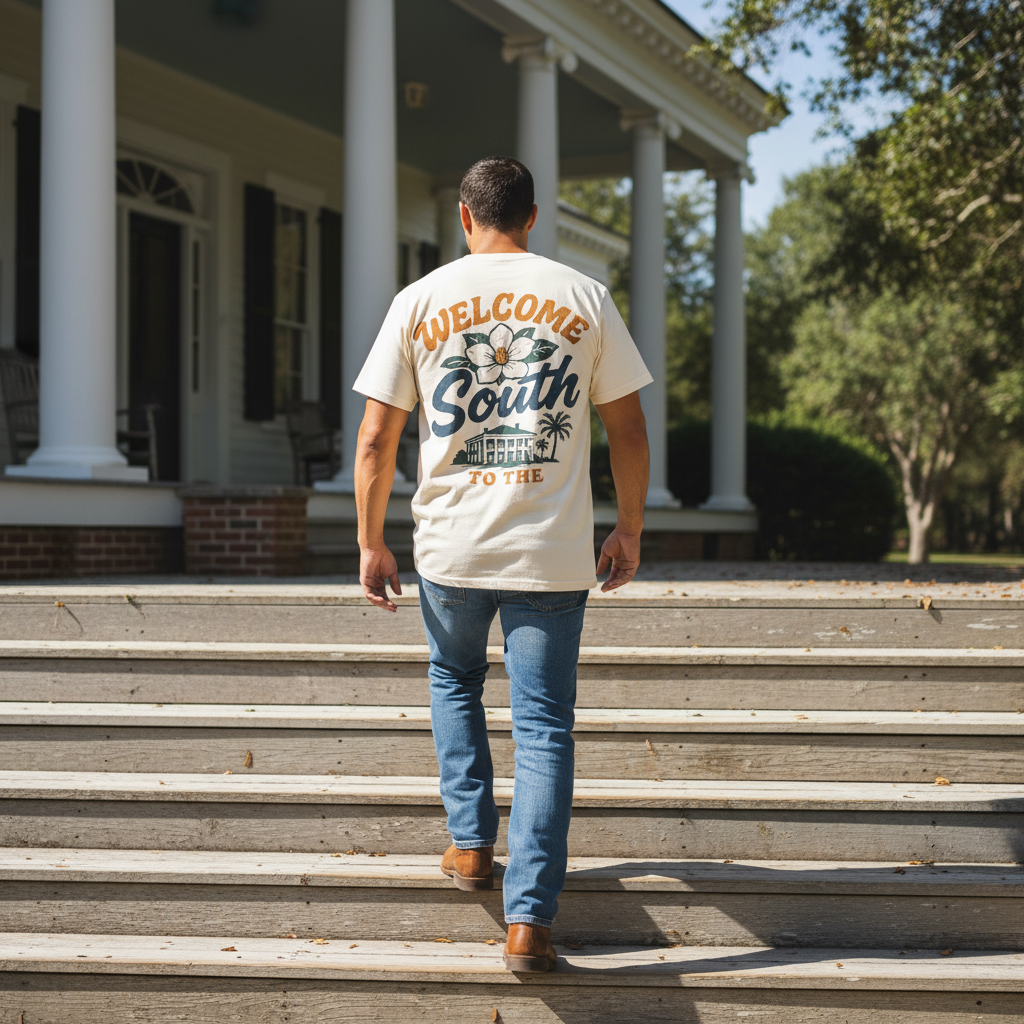 Man wearing a 'Welcome to the South' t-shirt walking up steps in front of a large house.