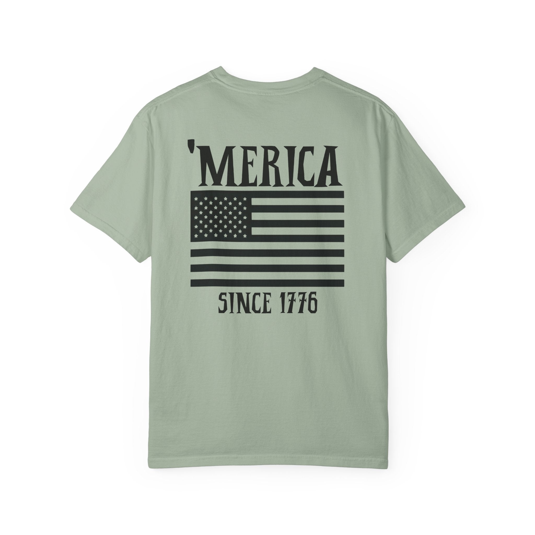Light green t-shirt with 'Merica since 1776' text and American flag design on a white background