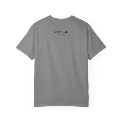 Gray t-shirt with 'Messy Hare' logo on the back against a white background