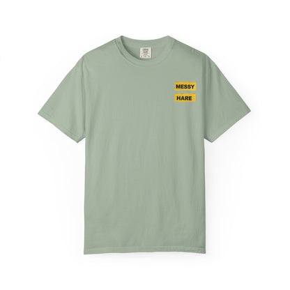 Light green t-shirt with 'Messy Hare' text on a white background