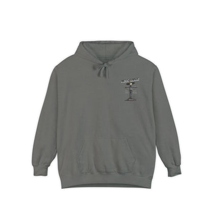 Gray hoodie with a small graphic on the chest against a white background