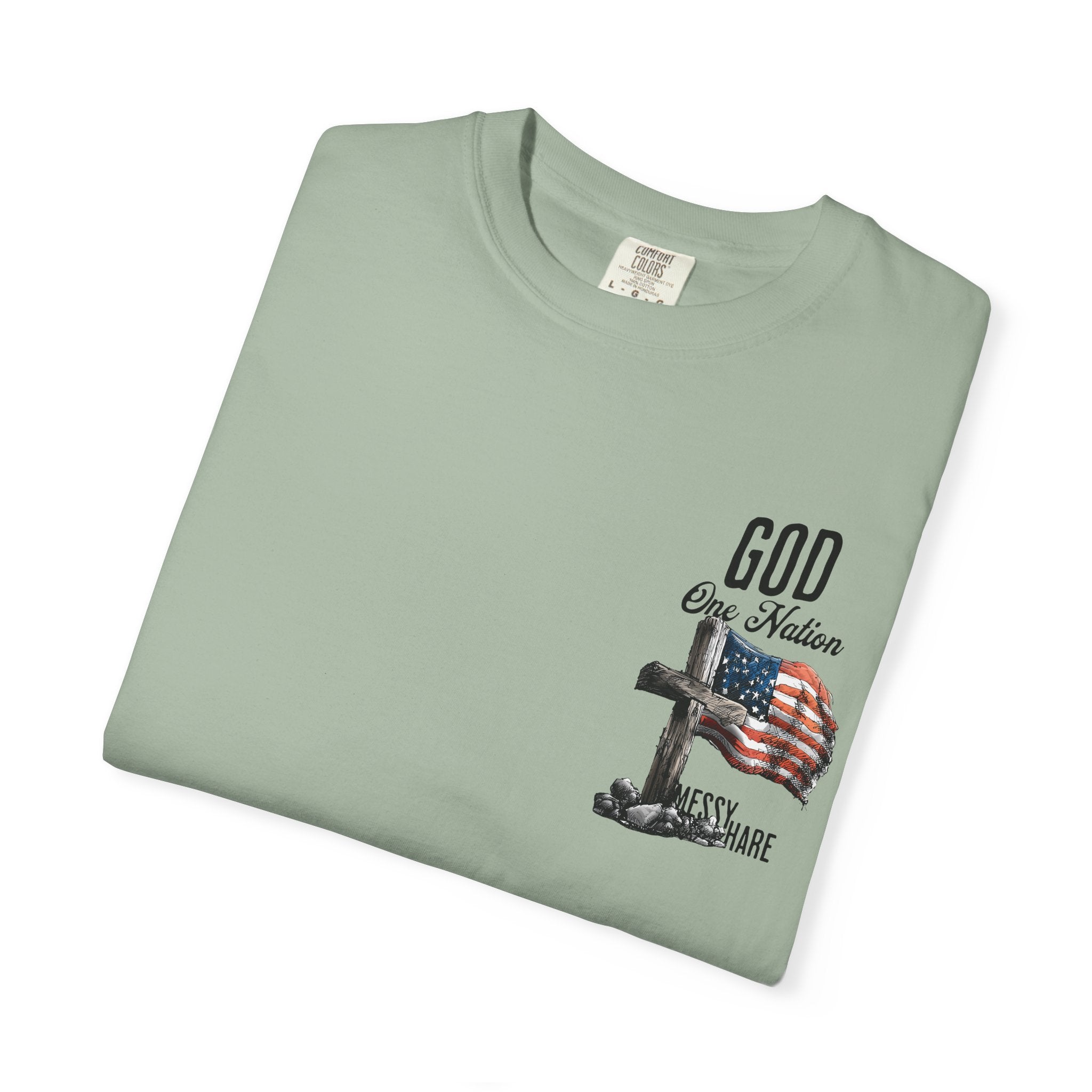 Folded green t-shirt with graphic design and text on a white background