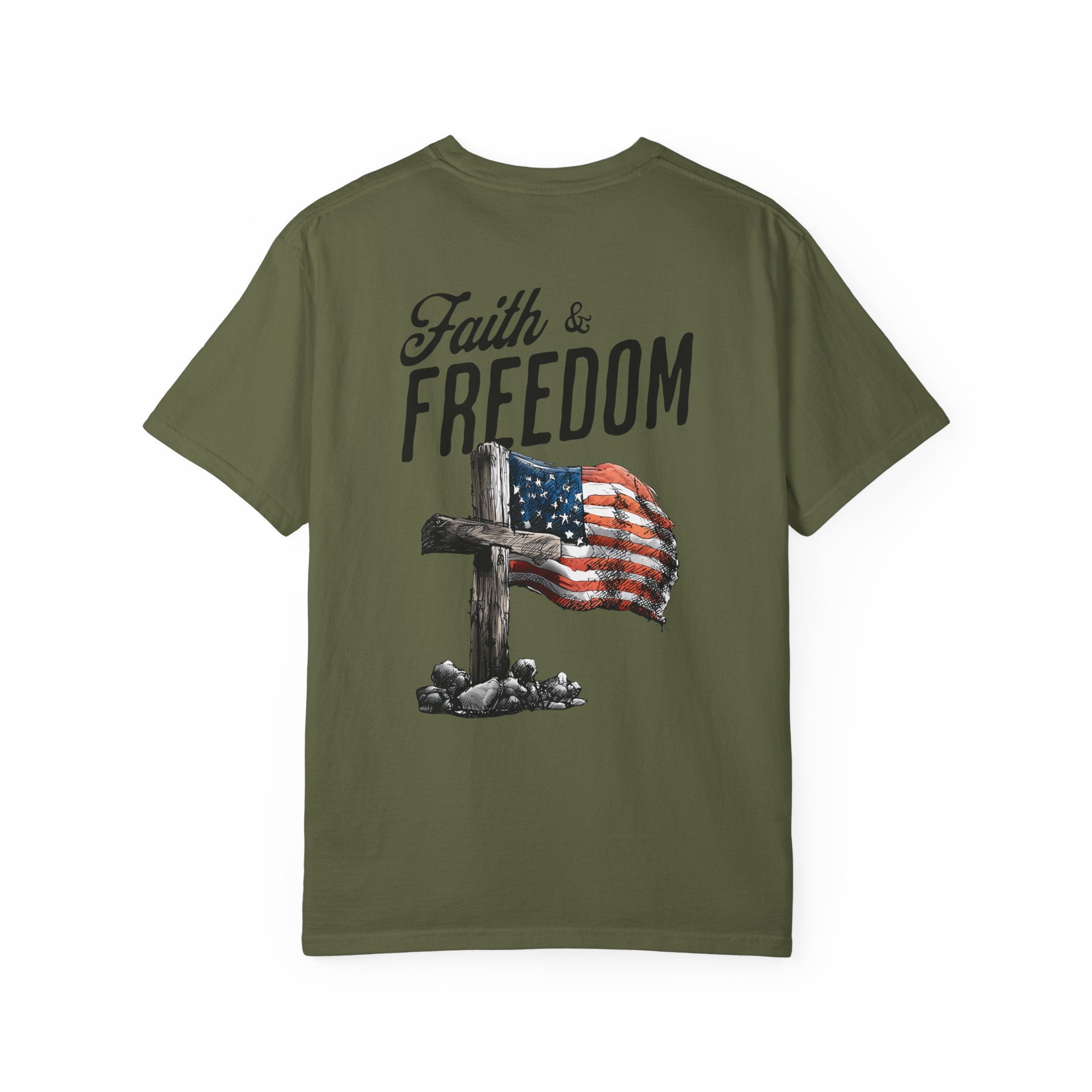Green t-shirt with 'Faith & Freedom' text and cross with American flag design on a white background