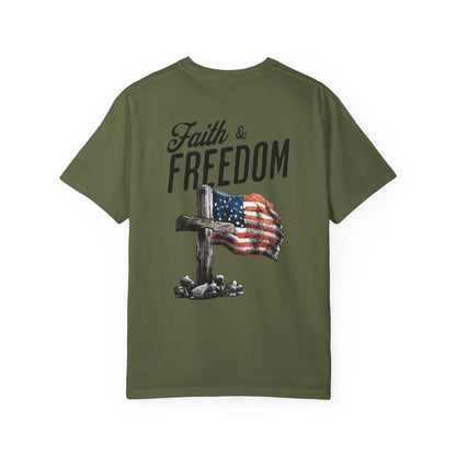 Green t-shirt with 'Faith & Freedom' text and cross with American flag design on a white background