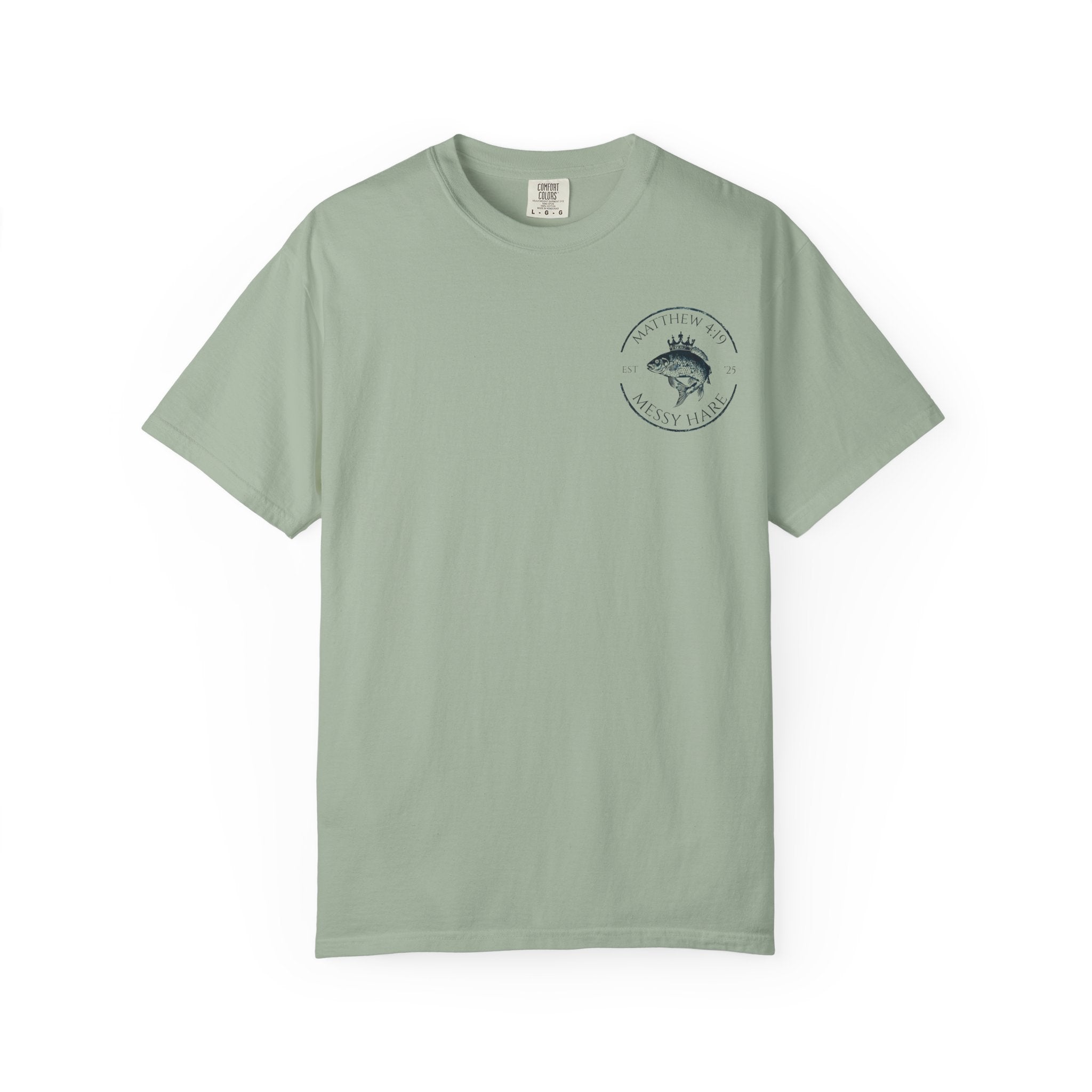 Light green t-shirt with a logo on a white background