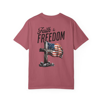Red t-shirt with 'Faith & Freedom' text and American flag design on a white background