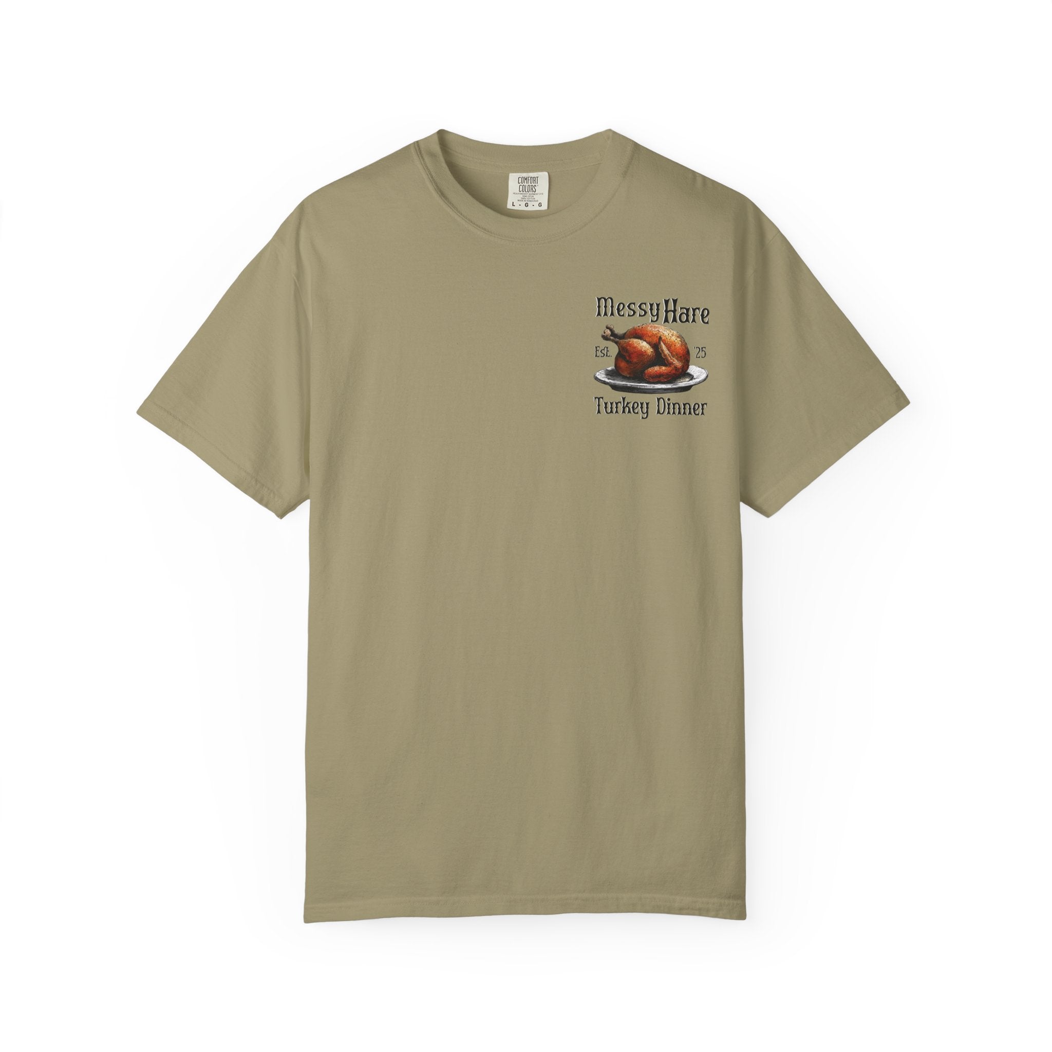 Beige t-shirt with a graphic of a turkey and text on a white background