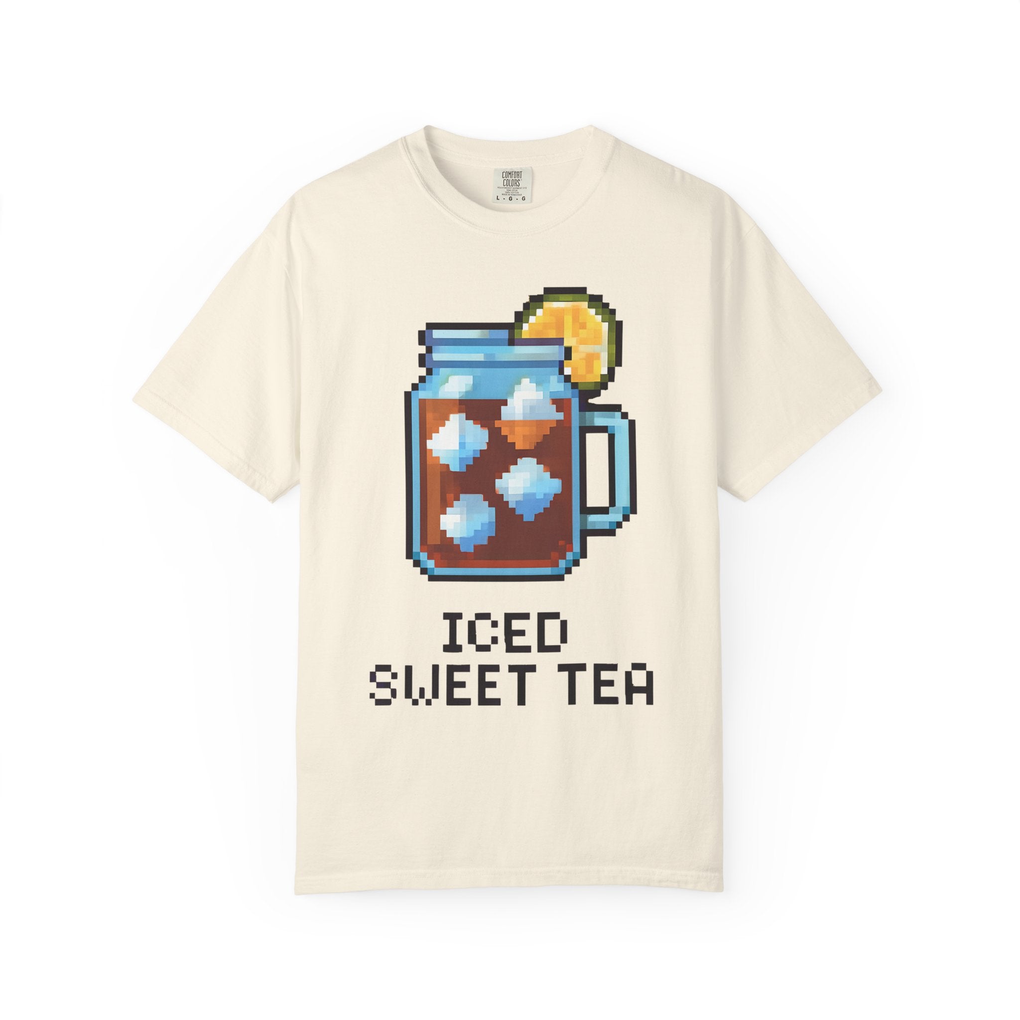 Beige t-shirt with pixel art of iced sweet tea and text on a white background
