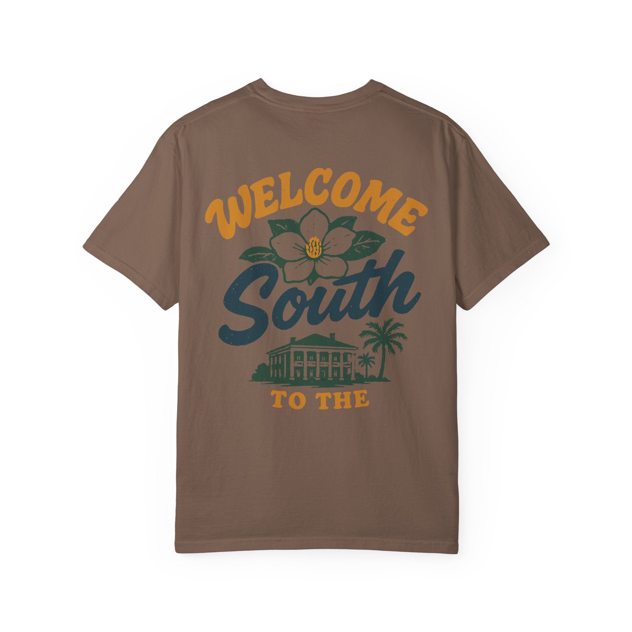 Brown t-shirt with 'Welcome South to the' text and graphics on a white background