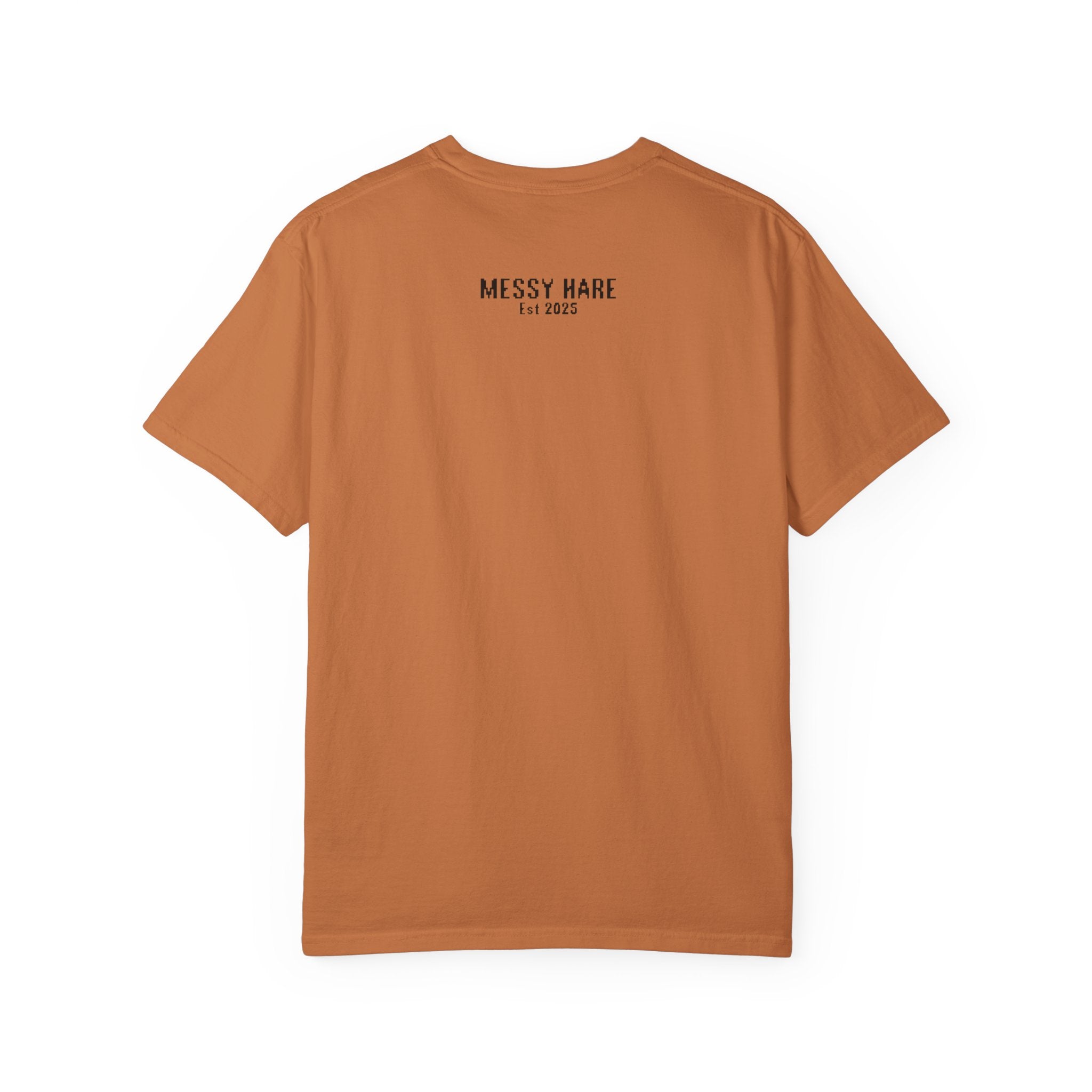 Brown t-shirt with 'Messy Hare' logo on the back against a white background