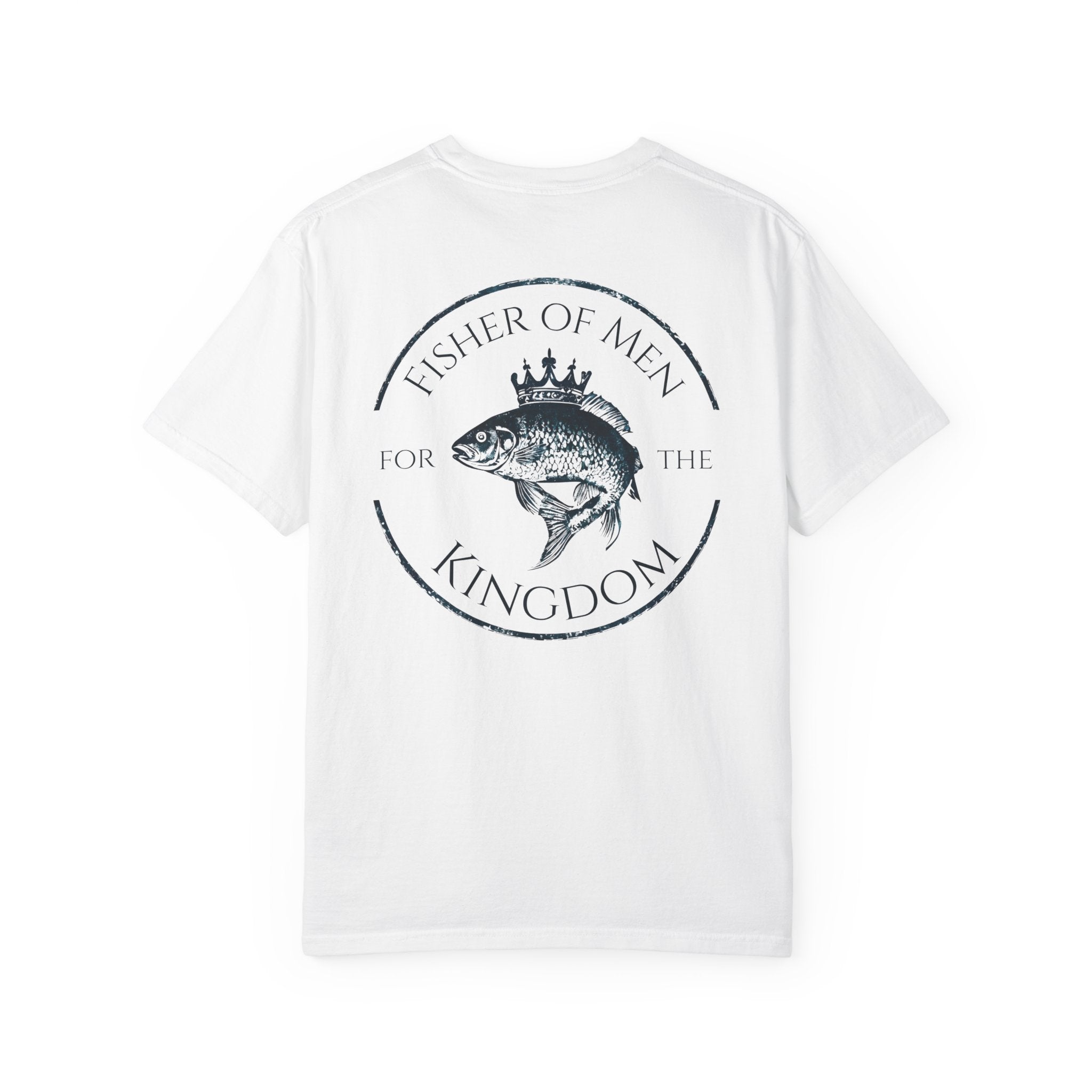 White t-shirt with black fish graphic and text on a white background