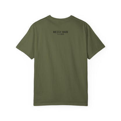 Green t-shirt with 'Messy Hare' logo on the back against a white background