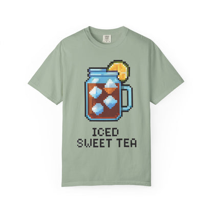 Light green t-shirt with pixel art of iced sweet tea and text on a white background