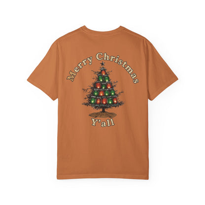 Brown t-shirt with Christmas tree design and text on a white background