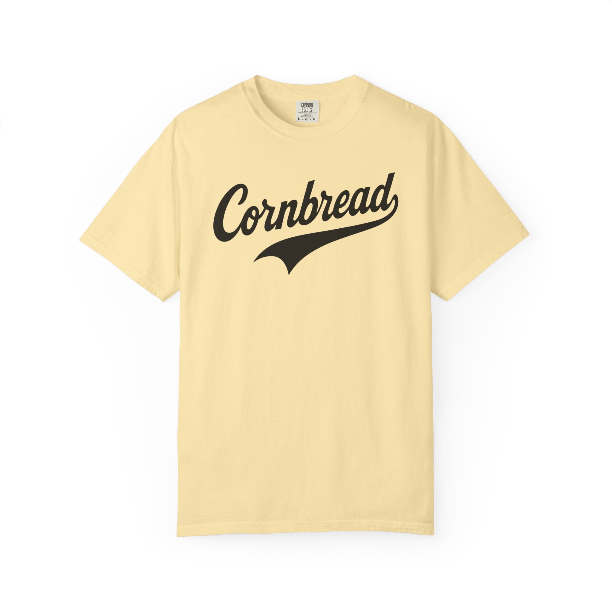 Yellow t-shirt with 'Cornbread' text on a white background
