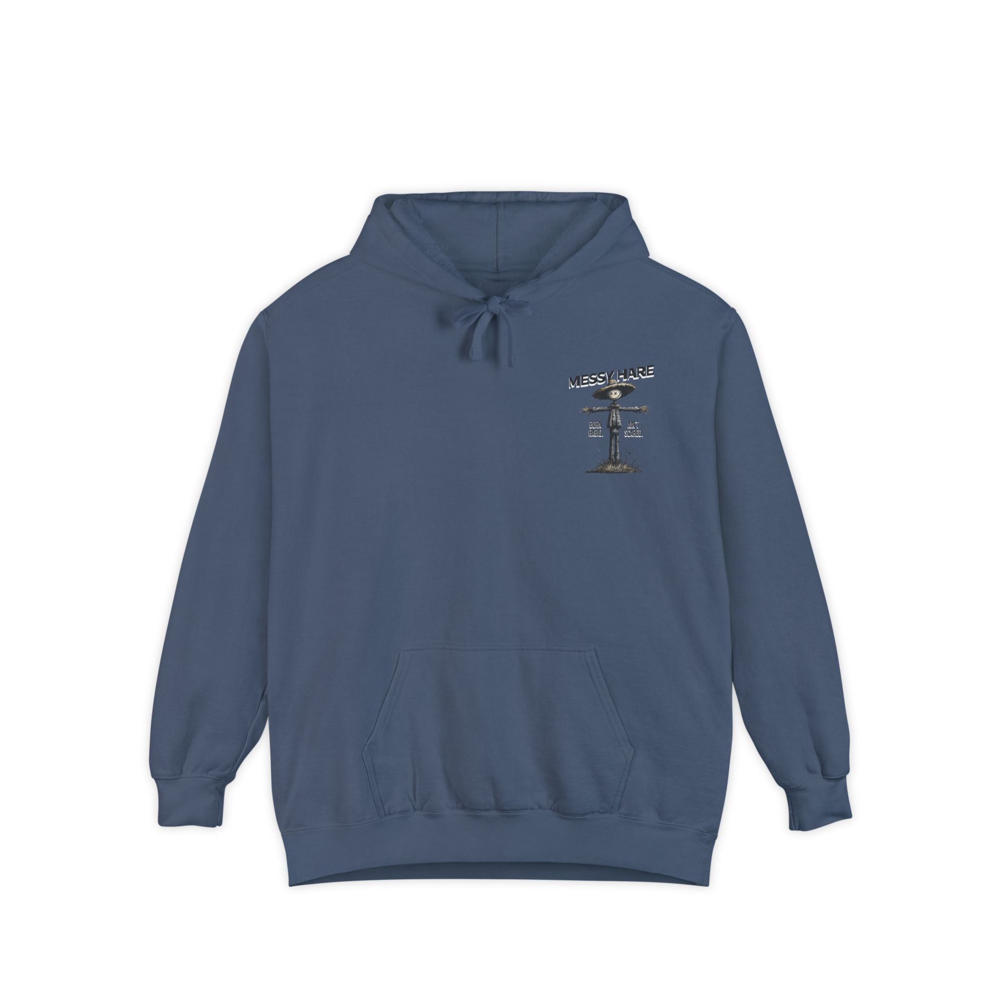 Blue hoodie with a graphic design on the chest against a white background