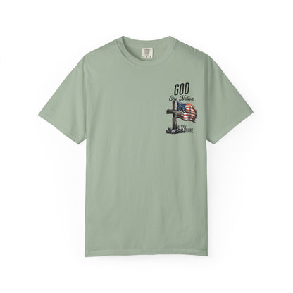 Light green t-shirt with graphic design and text on a white background