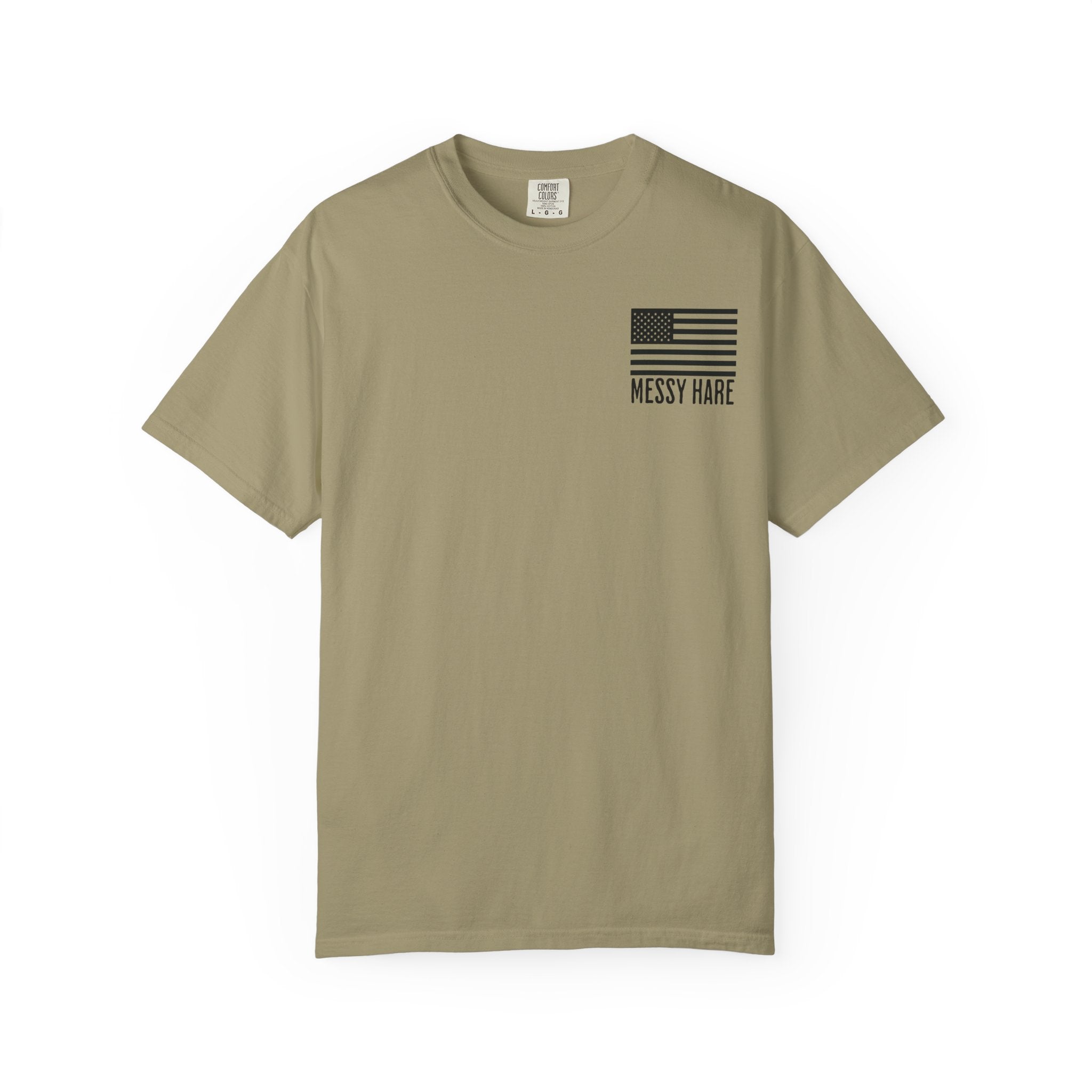 Khaki t-shirt with American flag design and text on a white background