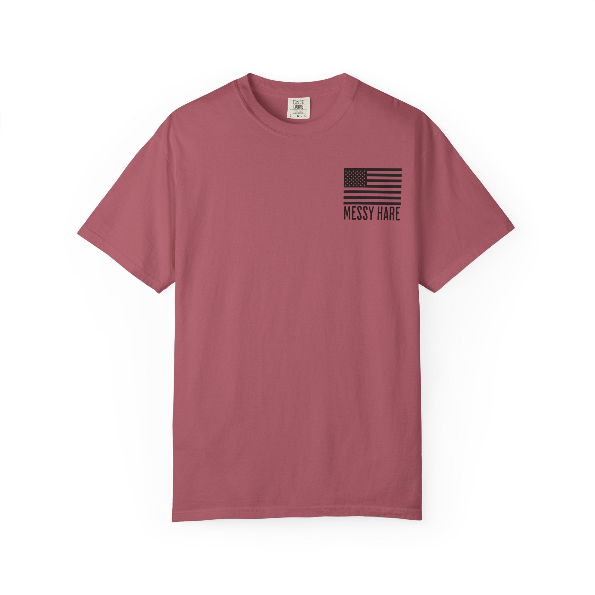 Mauve t-shirt with American flag design and 'Messy Hair' text on a white background