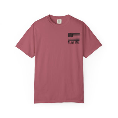 Mauve t-shirt with American flag design and 'Messy Hair' text on a white background