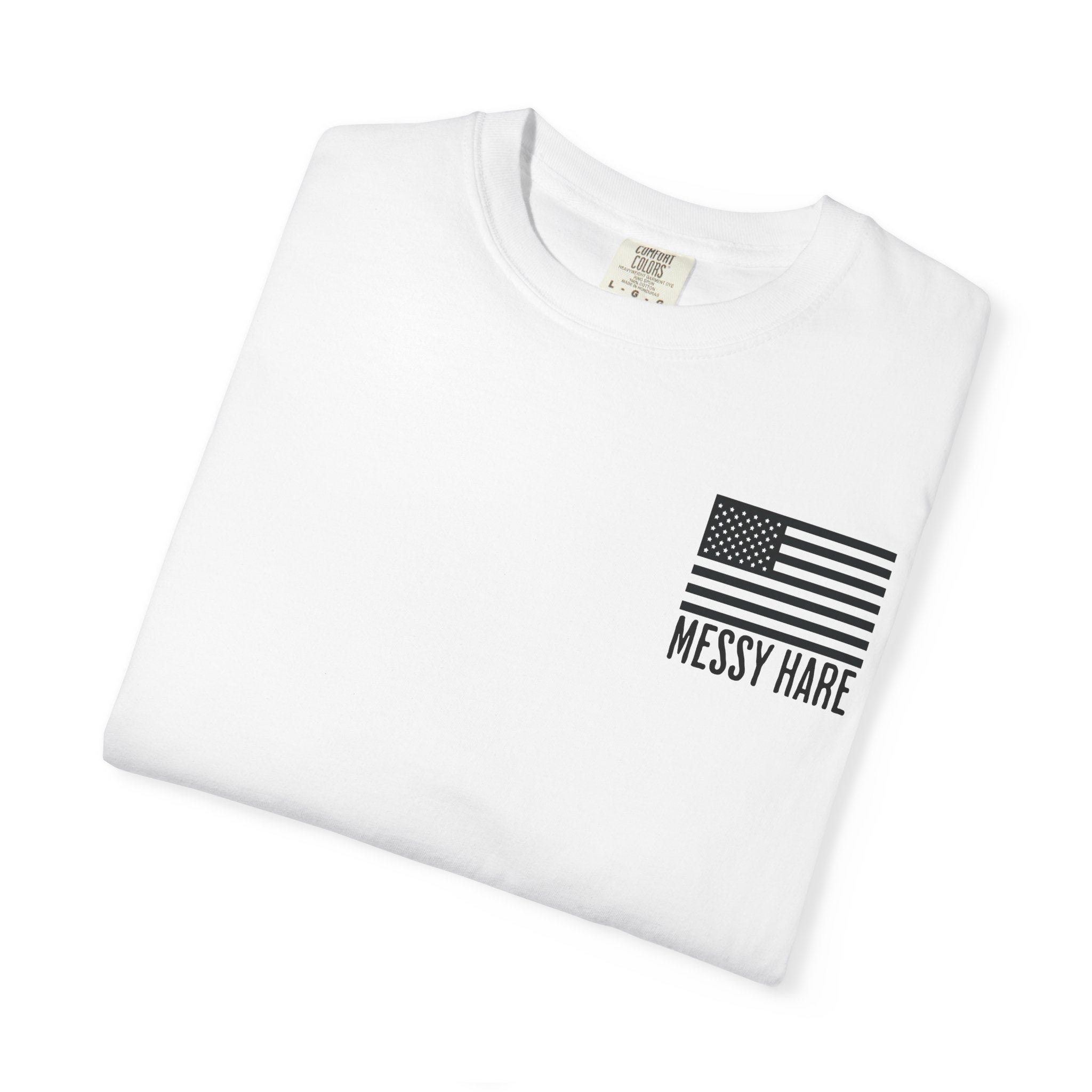 White t-shirt with black flag design and 'Messy Hare' text on a white background