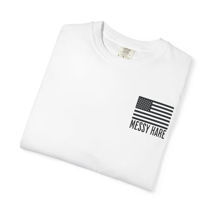 White t-shirt with black flag design and 'Messy Hare' text on a white background
