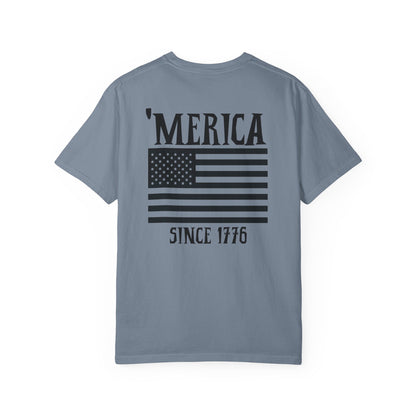Blue Jean t-shirt with 'Merica since 1776' text and American flag design on a white background