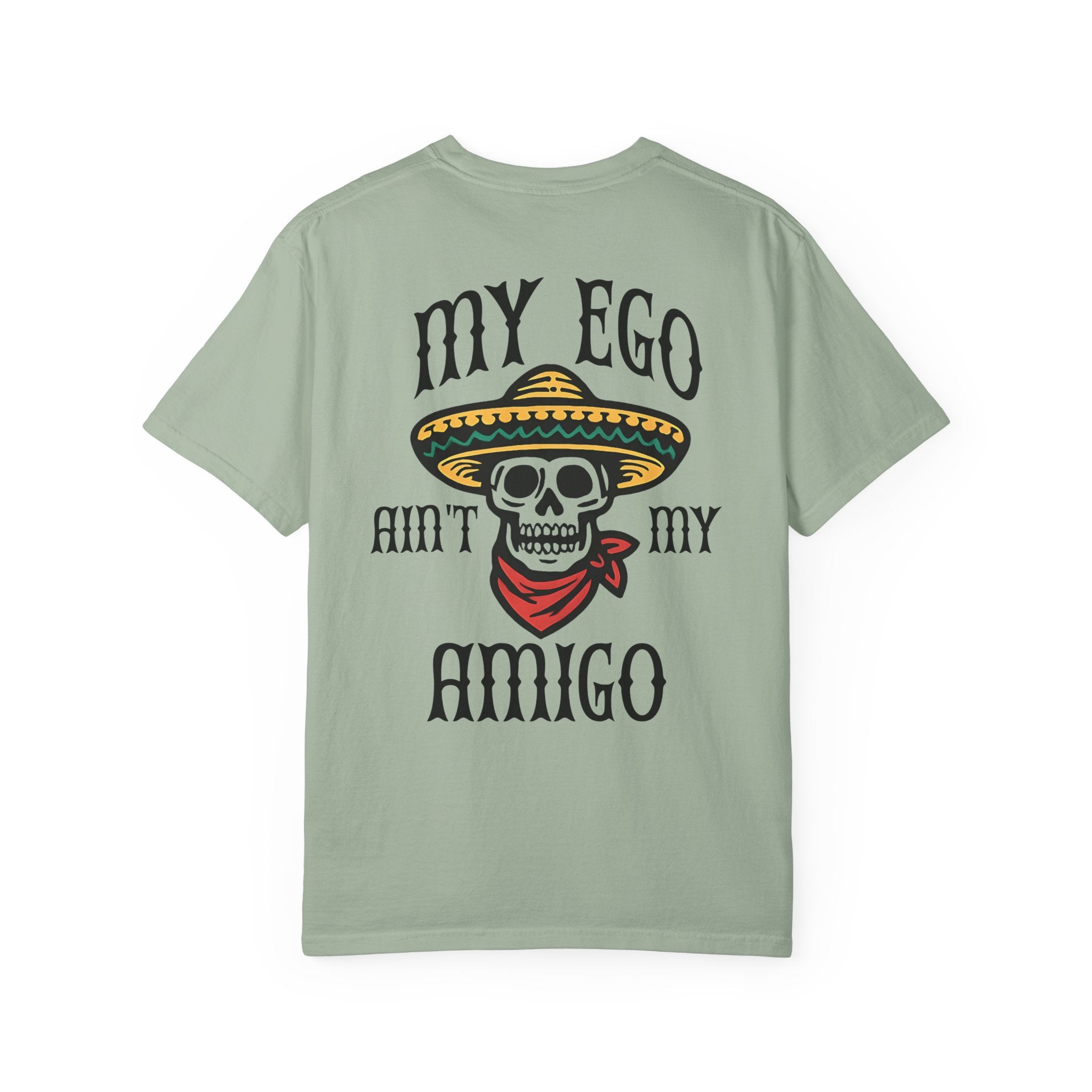 Light green t-shirt with skull graphic and text on a white background