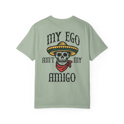Light green t-shirt with skull graphic and text on a white background