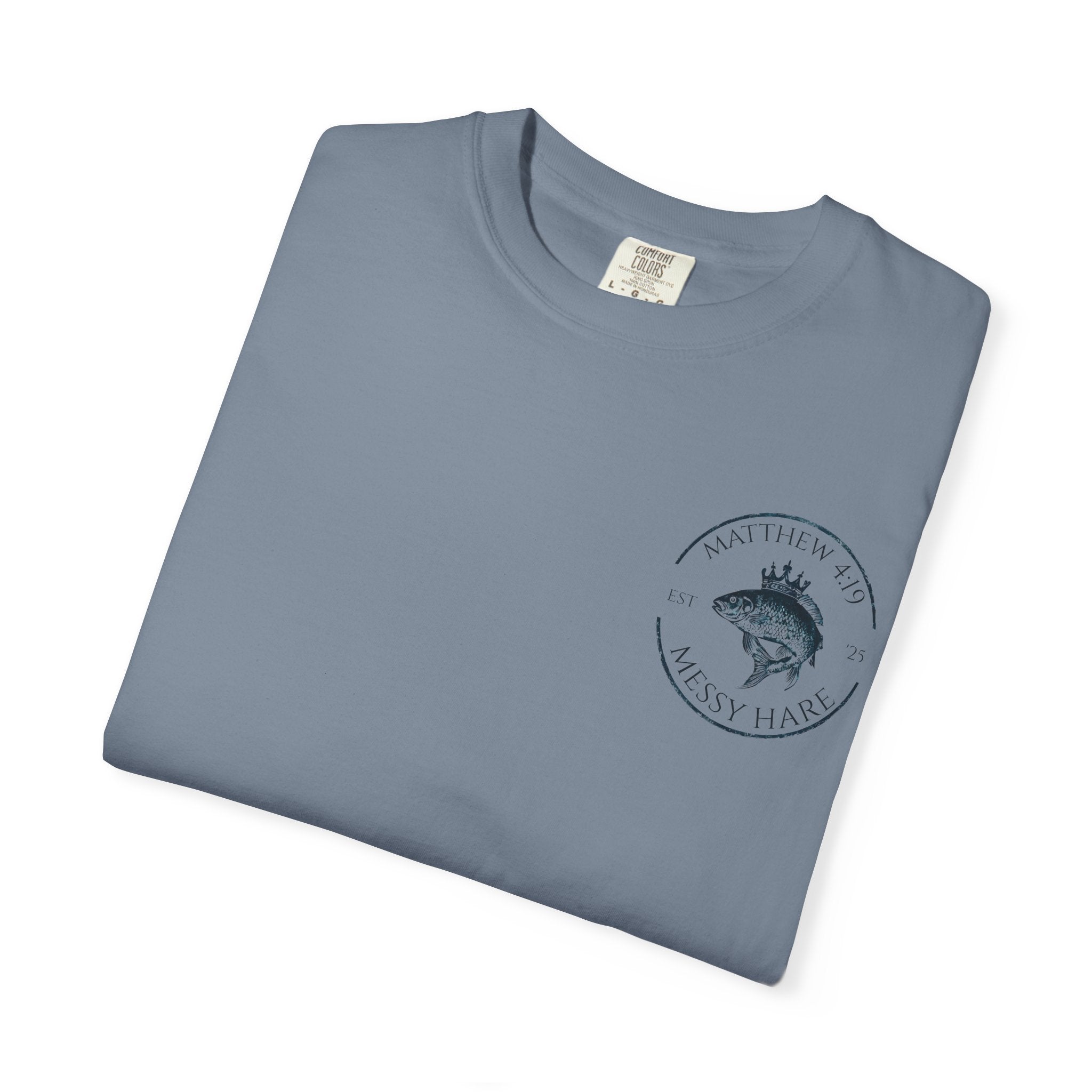 Folded blue t-shirt with a logo on a white background