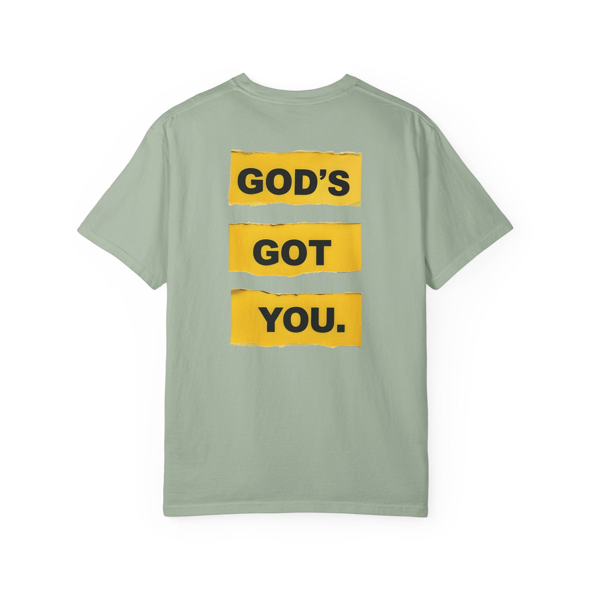 Light green t-shirt with 'GOD'S GOT YOU' text in yellow on a white background
