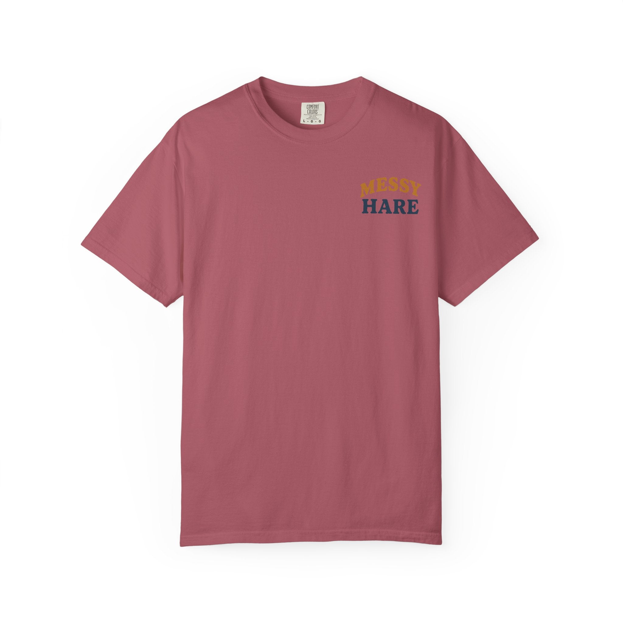 Maroon t-shirt with 'MESSEY HARE' text on a white background