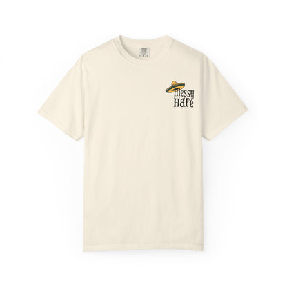 Beige t-shirt with 'Messy Hare' logo on a white background