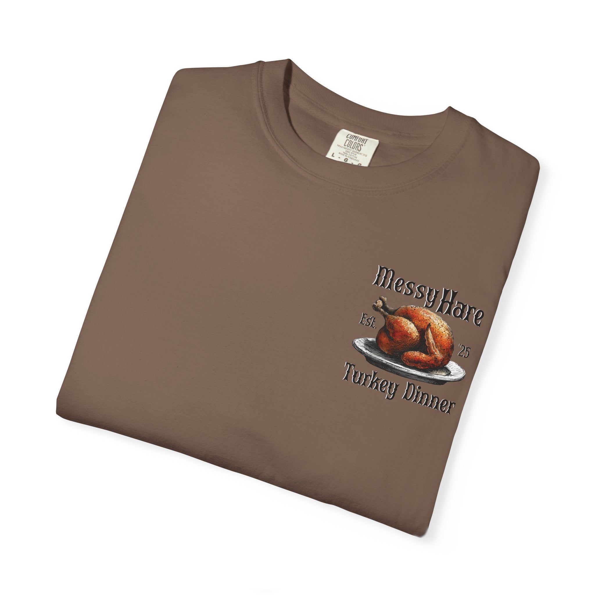 Brown t-shirt with a graphic of a roasted turkey and text on a white background