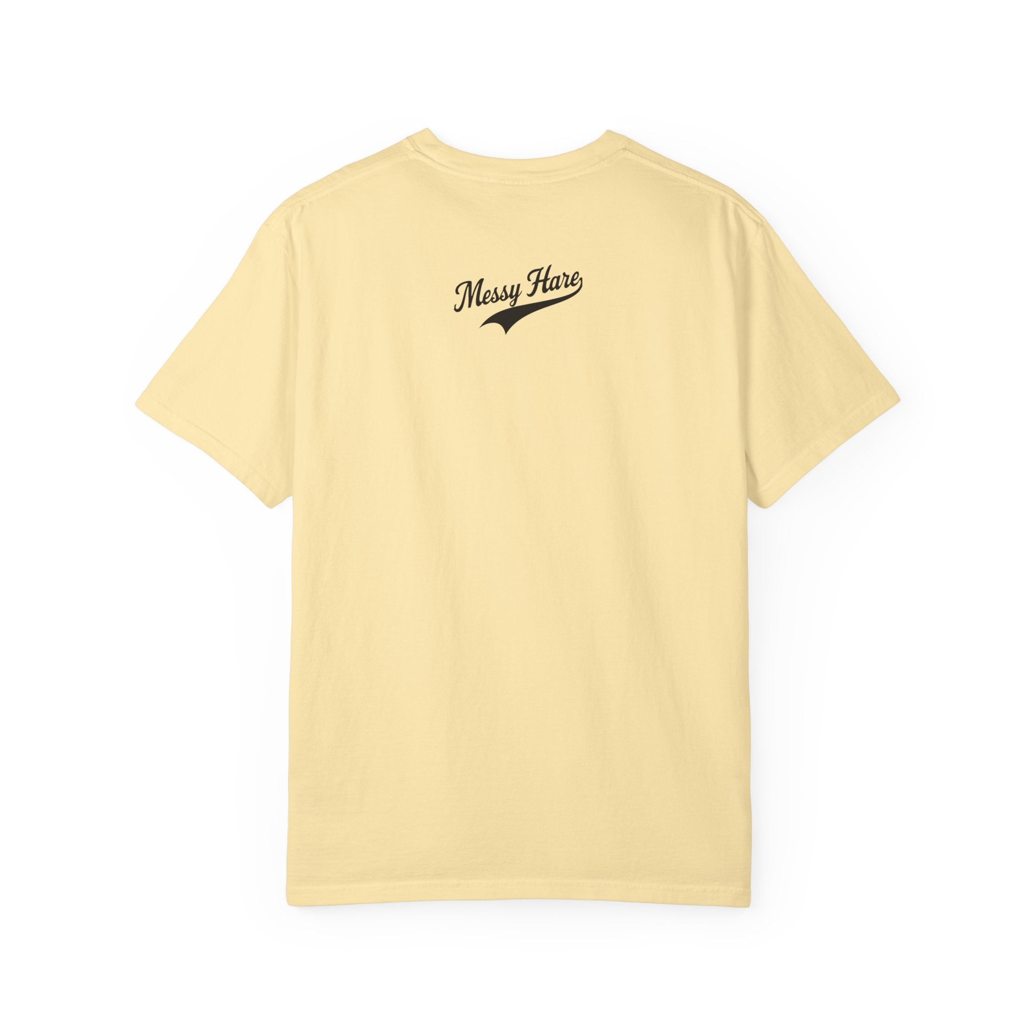Yellow t-shirt with 'Messy Hare' logo on the back against a white background
