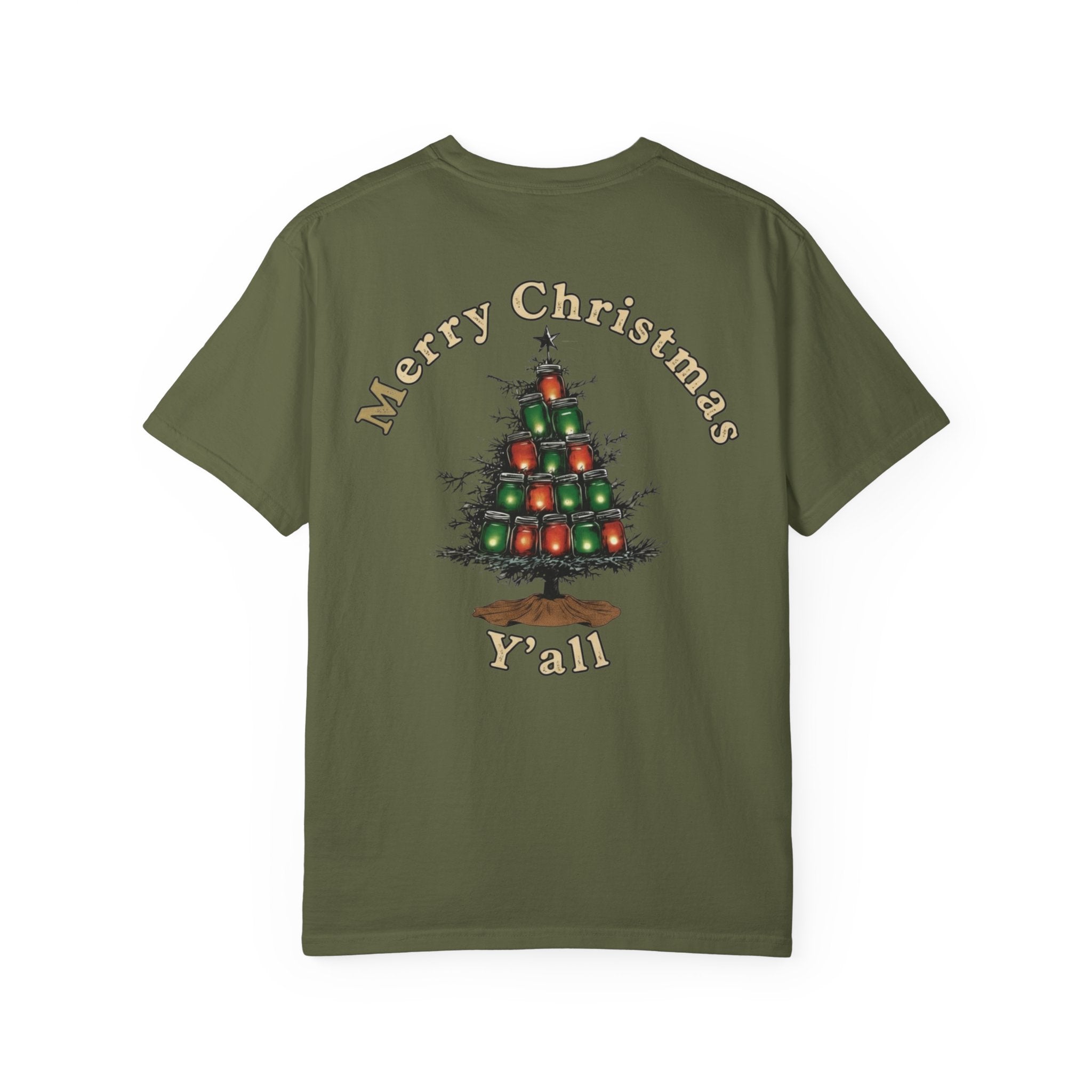 Green t-shirt with Christmas tree design and text on a white background