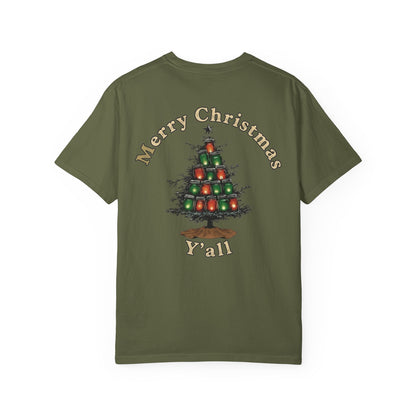 Green t-shirt with Christmas tree design and text on a white background