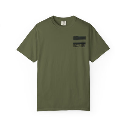 Green t-shirt with American flag design and 'Messy Hair' text on a white background