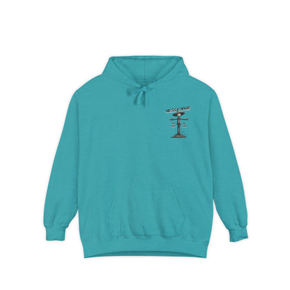 Teal hoodie with a small graphic on the chest against a white background