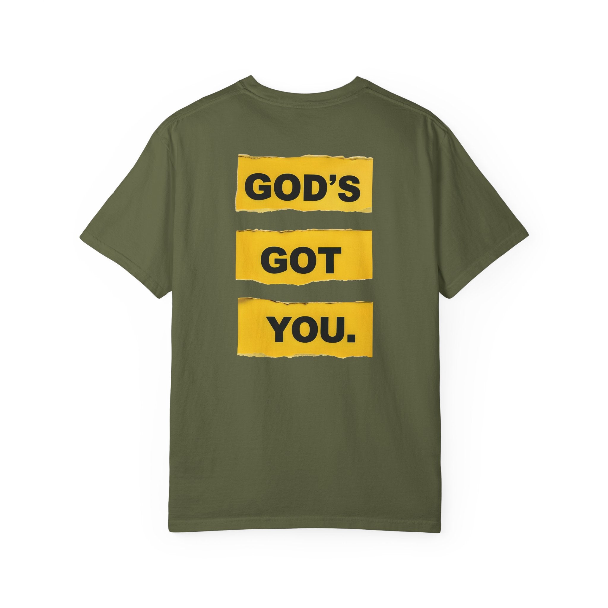 Green t-shirt with 'GOD'S GOT YOU' text on a white background