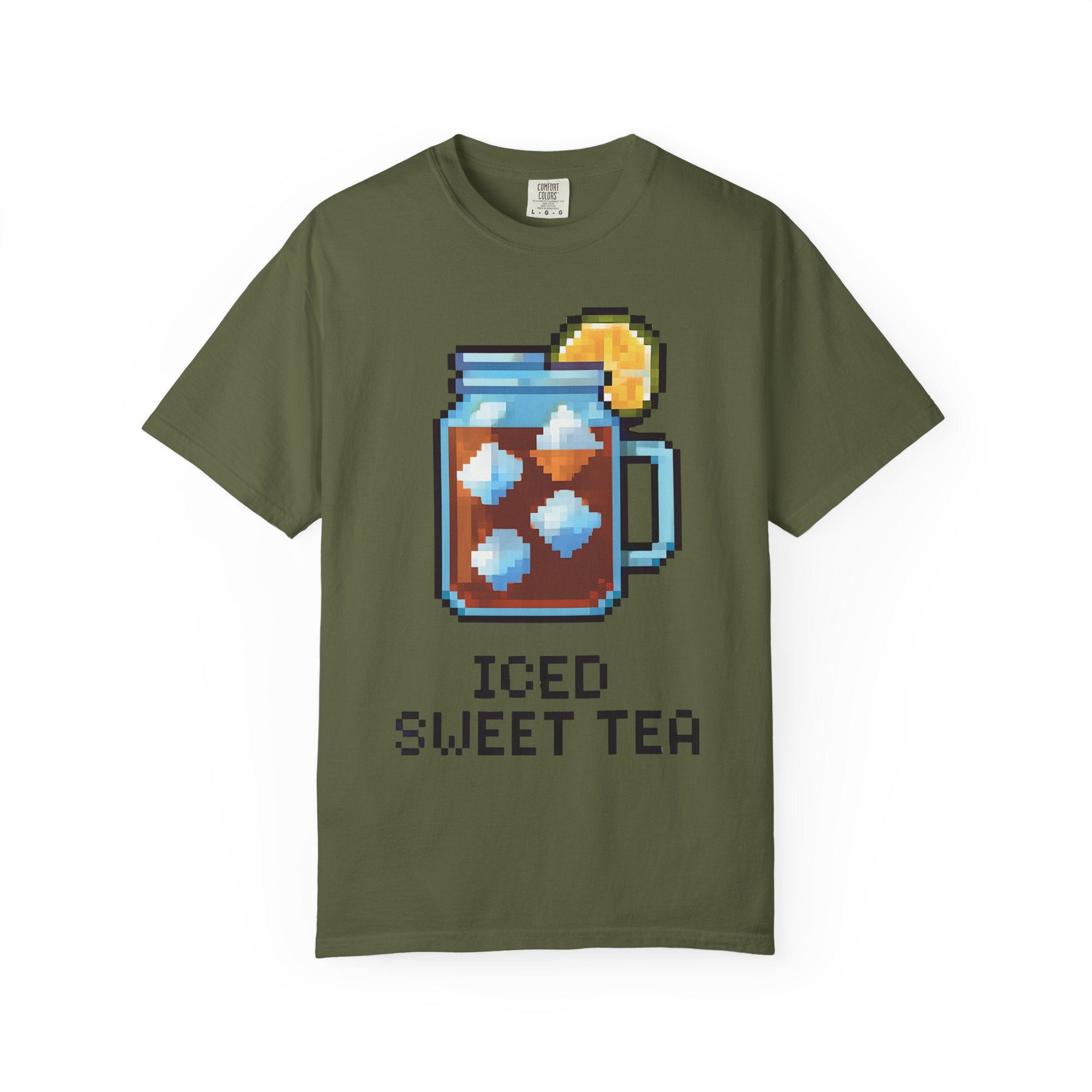 Green t-shirt with pixel art of iced sweet tea and text on a white background