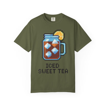 Green t-shirt with pixel art of iced sweet tea and text on a white background